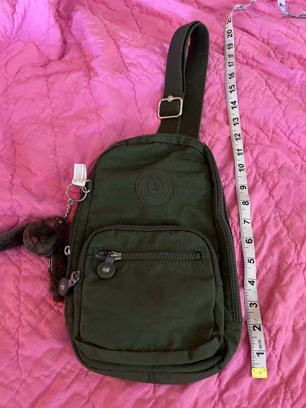 Kipling Dark Olive Green Sling Crossbody Bag with Monkey Keychain